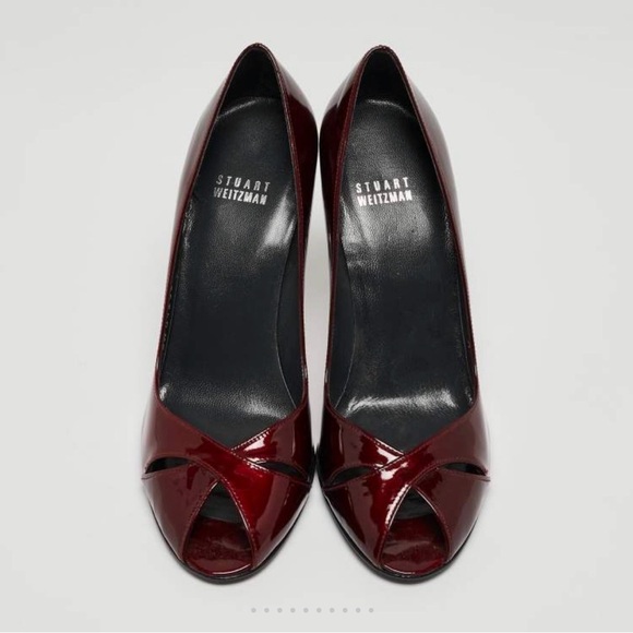 Stuart Weitzman Burgundy Patent Leather Peep Toe Heels - size 7.5 - Picture 2 of 13